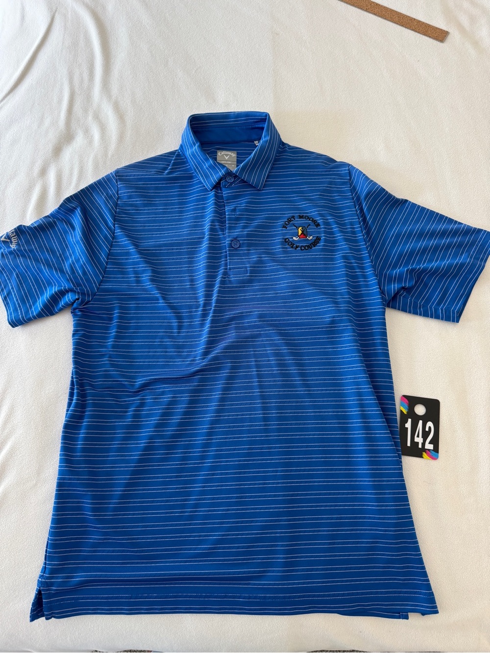 Callaway FORT MOORE Blue Striped Polo with Embroidered Chest Logo Rare!